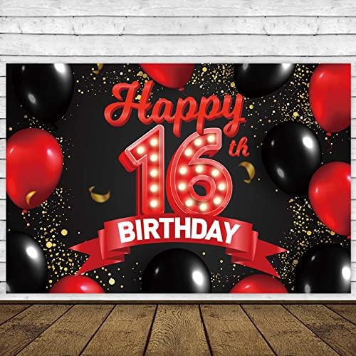 Feliz aniversário de 16 anos de aniversário de 16º aniversário e preto Balões decoração de decoração de temas para meninas Princesa Festa de aniversário de 16 anos Bday suprimentos