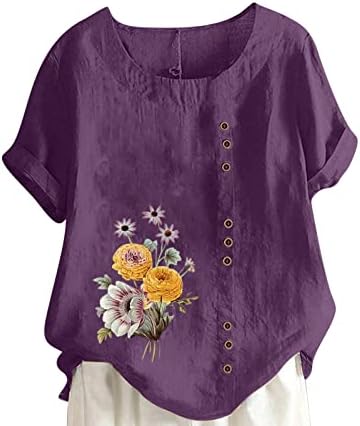 Camiseta feminina de linho de castom, fofas camisetas florais de manga curta tops de tamanho grande casual bloqueio de botão