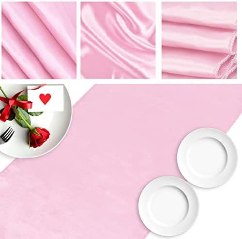 Fynite 12 Pack Satin Table Runner 12 x 108 polegadas de comprimento | Corredor de mesa rosa bebê para decorações de banquete de casamento de festa | Corredor de mesa de tecido de seda brilhante e liso - rosa bebê
