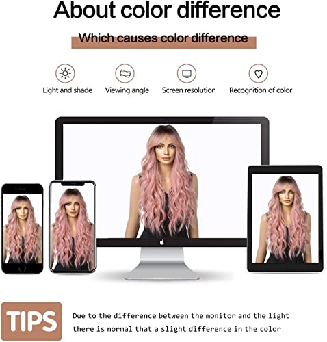 Peruca rosa pálida e ondulada para mulheres franjas peruca cabelos sintéticos com aparência natural de fibra resistente