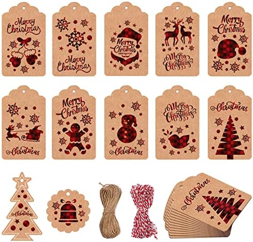 Tags de presente de Natal de 120 PCs, etiquetas de presente de Natal WTIH String Kraft Tags para presentes e 2 rolos, 2,75x1.95in