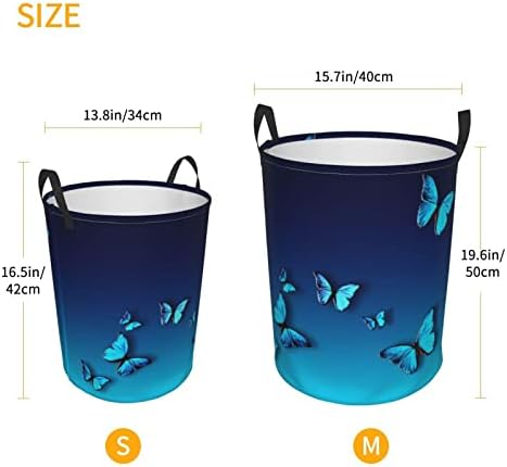 Linda cesta redonda de lata de armazenamento de borboleta azul para roupas de quarto de roupas médias, banheiro, quartos