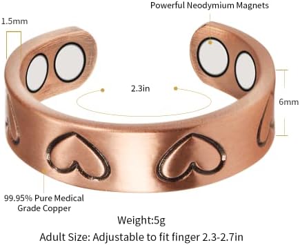 Anéis de cobre EnerCoppex para mulheres para artrite e anel de terapia magnética articular para homens, em forma de coração 99,9%