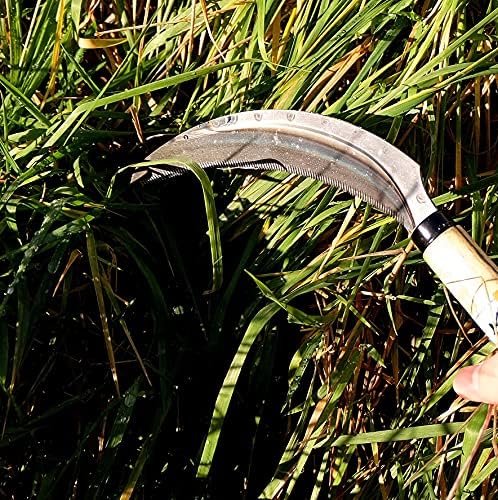 Kakuri Grass Sickle Garden Tool serrilhou foice de 13 polegadas, lâmina serrilhada nítida de aço carbono, ervas daninhas pesadas