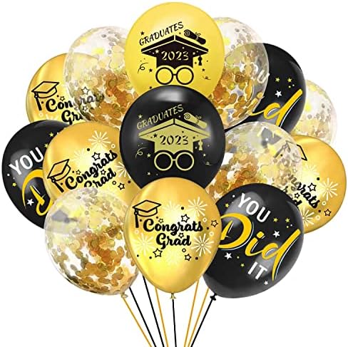 Restos 2023 Balões de festa de formatura, 20 Pack Gold & Black Graduado tem tema de látex confetti balões com fita, 12