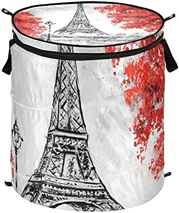 Paris Eiffel Tower Pop Up Leundry Horty com tampa de lavanderia dobrável com alças Organizador de roupas de cesto