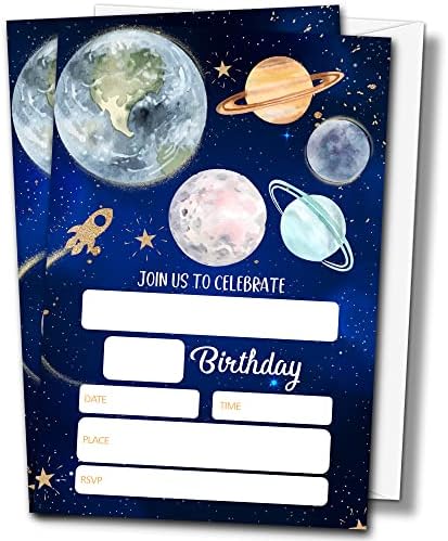 Buildinest Siders Space Birthday Party Invitations com envelopes, 4 x6 Planets Moon Planets Cartões de convite de aniversário, Galaxy Blast Off Party Convites-B18