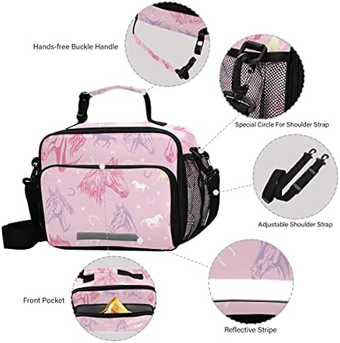 Mnsruu Student Bag Bag Purple Unicorn Pink Horse Isolle Lunch Totes Picnic Bag Box com alça de ombro ajustável para