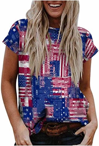 Camiseta casual meninas adolescentes de manga curta pescoço EUA Independence Day Star Graphic Blouse listrado T Camisetas Mulheres MJ