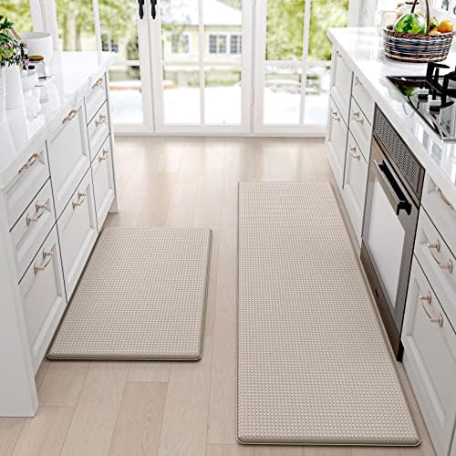 Tapetes de cozinha de dexi e tapetes anti -fadiga de fadiga de fadiga não deslizam tapetes de pé 2 peças de 2 peças 17 x29 +17 x59, bege branco
