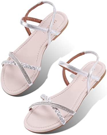 Mudan Womens Shoe Flat trançado e strass confortável Sandal Slingback…