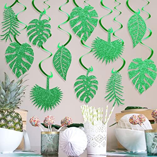 32 PCs Hawaiian Luau Party Palm folhas Decorações de redemoinho pendurado teto de decoração verde festa tropical para suprimentos de aniversário de chá de bebê de verão