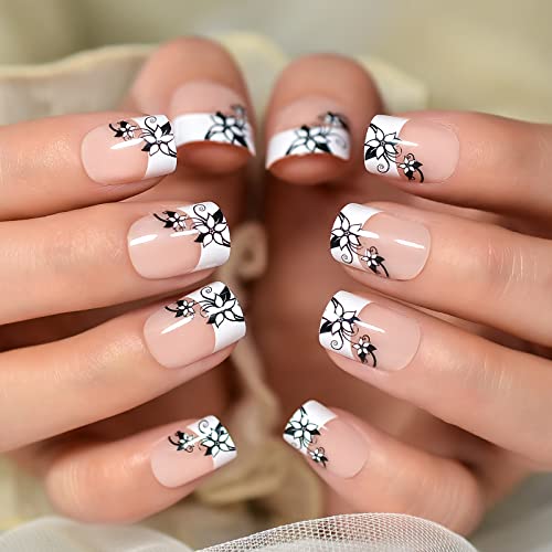 ECHIQ NUDE PINK GLISHY PRENHA NADES COM PRONTO DE FLOR BLATRO Decorativa Design francês clássico Squoval média redonda Falsa unha acrílica Diy unhas artificiais Arte reutilizável Arte vestível Dicas de unhas falsas Girls Mulheres Presente 24pcs/Set