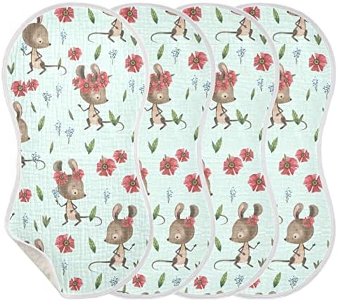 Yyzzh rato fofo mouse muslina de flor de panos para bebês 4 pacote algodão babador babador para menino menina