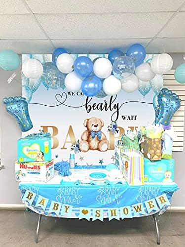 Pano de fundo do chuveiro de bebê wr urso, podemos esperar balões azuis de aquarela folhas de estrela folhas de fundo chá de bebê menino de festas de festas de bolo de decoração