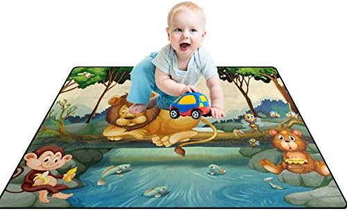 My Little Nest Animal tem tema rio rio leão selvagem macaco crianças brincam tapete de tapete de tapete de tapete de tapete de tapete não deslizante Ranco de jogo educacional suave para berçário quarto de aula 4 'x 5'3' ''