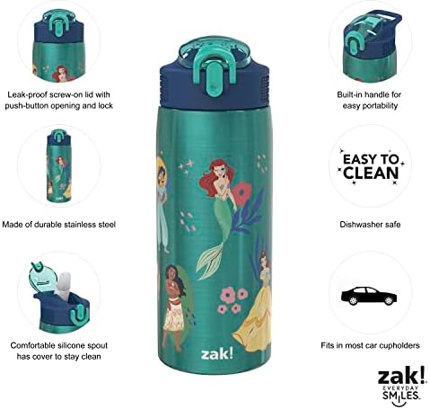 Zak projeta a garrafa de água da Princesa Disney para viagens e em casa, aço inoxidável isolado a vácuo de 19 onças com tampa de bico de travamento, loop de transporte embutido, design à prova de vazamentos