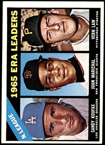 1966 Topps 221 líderes da ERA NL Sandy Koufax/Juan Marichal/Vern Law Dodgers/Pirates/Giants Ex/Mt Dodgers/Pirates/Giants