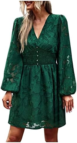 Mini vestido casual para mulheres lanterna de manga comprida V Vestidos de cintura com bosques de pescoço de pescoço