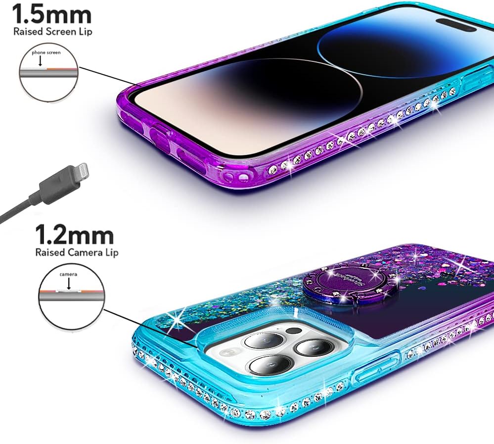Silverback para iPhone 14 Pro Case, movimentando liquidação líquida de brilho holográfico com kickstand, meninas girls bling