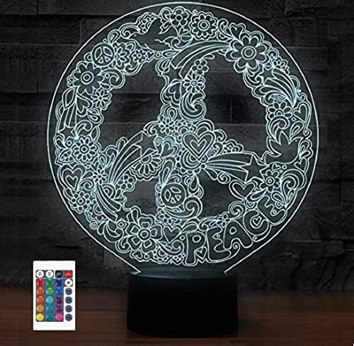 Superiorvznd inovador 3D Art Hippie Paz Sign Shape Night Light Control Remoto Power Power Touch mesa de mesa Optical Ilusão Lâmpadas de ilusão 7/16 Luzes de alteração de cor Home Decoration