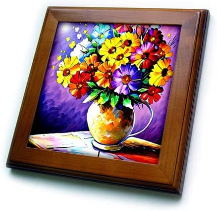 3drosrose iluminada solar, roxo e flores azuis em uma tigela de cerâmica em uma mesa - azulejos emoldurados