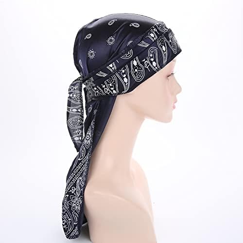 Xiaobless Silky Durag Bandana de cabeça com cauda longa extra e tampa de pirata de pulverização larga para ondas 360