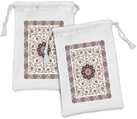 Conjunto de bolsas de tecido oriental de Ambesonne de 2, folhas e flores clássicas em cores macias arte vintage, pequena bolsa de cordão