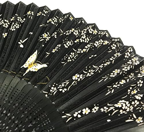 Ventilador dobrável de seda Wrapables® com borla e manga protetora, borboletas flutuantes pretas