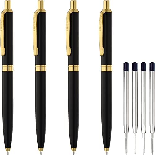 Caneta esferográfica Linfanc 4 Pack, caneta esferográfica de metal retrátil premium, preto fosco com acabamento dourado, caneta
