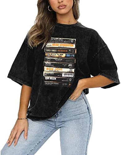 Mulheres bandas de rock vintage Música de moda fashion cassetes gráficas Retro angustiado Tees de verão Tops casuais de manga curta