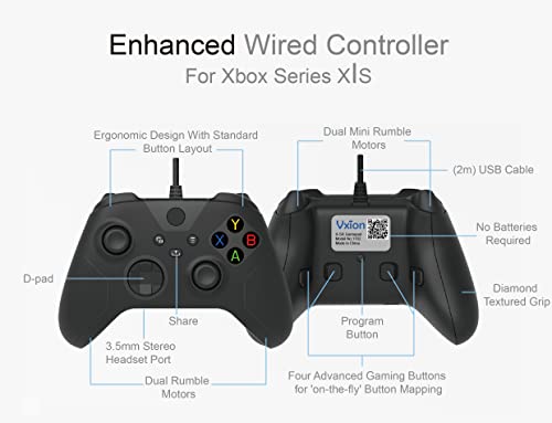 Controlador com fio aprimorado para série Xbox x | s com 4 botões remanescentes, 4 vibração do motor e conector estéreo de 3,5