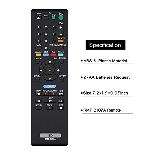Luckystar Replacemen Controle remoto para o Sony Blu-ray Player RMT-B107A, compatível com BDP-S570 BDPS570 BDP-S370 BDPS370