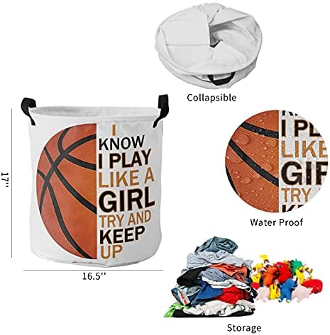 Cesto de lavanderia, basquete eu sei que jogo como uma garota, tenta manter o texto para roupas dobráveis ​​para roupas dobráveis