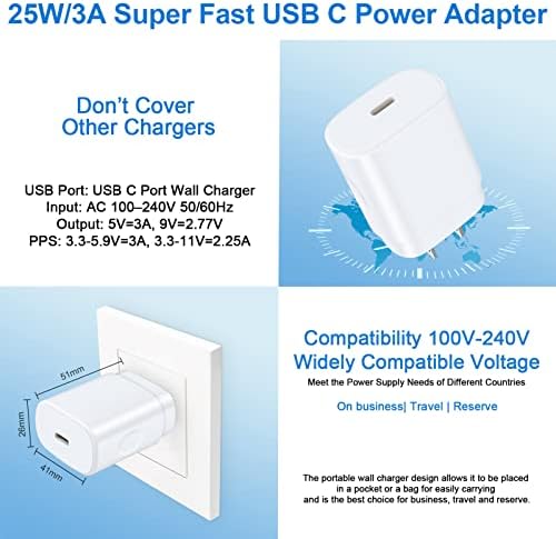 Cabeça do carregador de parede USB C, cubo de carregamento super rápido 25W 3A tipo C Adaptador de energia Caixa de bloco de blocos de bloco para iPhone 14 13 12 11 Pro máximo xs xr x 8 7 SE, Samsung Galaxy A03S S22 S21 Fe S20 Ultra A53 A13 A14 5G