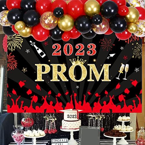 Decorações de baile para a festa 2023 - Kit de arco de guirlanda de balão vermelho e preto com o pano de fundo do baile 2023, parabéns aula de pós -graduação de 2023 decorações de formatura do ensino médio