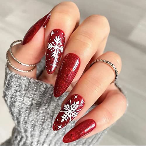 Florry Christmas Nails Pressione Red em pregos de férias longas unhas falsas com floco de neve acrílico Natal unhas falsas para mulheres