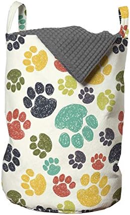 Bolsa de lavanderia de amante de cães de Ambesonne, desenho de pata de pata doodles de desenho de padrões circulares, cesto de cesto de cesto com alças de cordão para lavanderias, 13 x 19, multicolor