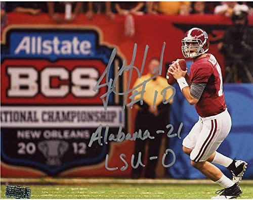 AJ McCarron assinou a foto do Alabama Crimson Tide sem moldura 8 × 10 NCAA com inscrição “Alabama 21 LSU 0” - fotos da NFL autografada