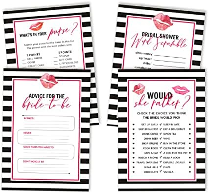 Conjunto de jogos de chuveiro de noiva do InkDotpot de 4 beijo listrado The Miss Good Bye Fun Bachelorette Party Games Set Bundle