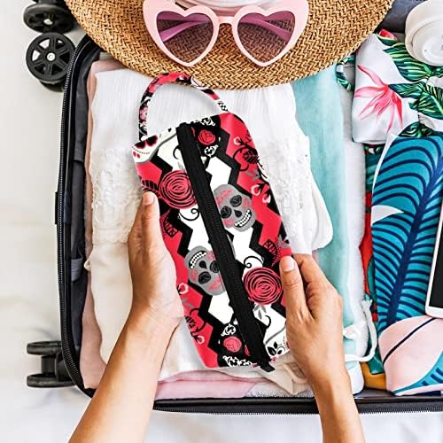 Bolsa de maquiagem à prova d'água, bolsa de maquiagem, organizador cosmético de viagem para mulheres e meninas, Flores de crânio rosa estilo mexicano estilo