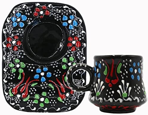 KuChengerate 2 PCs Cups de café turco e pires em forma de retângulo - 85ml/2,9 oz - café Coffee Chocolate - Chetes Handmade & Painted Creamic Caneca Classic Classic Otomano Design - Melhor Idéia de Presente