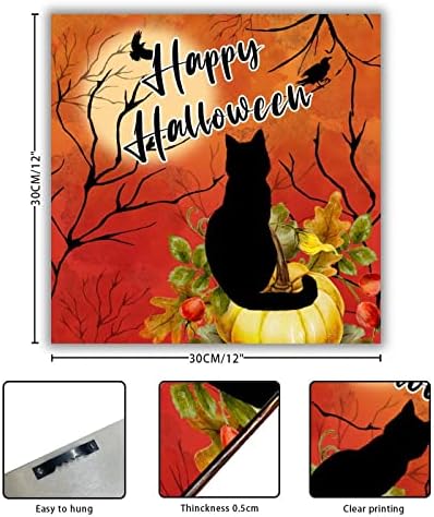 AtinArrogo Wood Sign Happy Halloween Cat Pumpkin Signing SIGN Lua Crow 12x12in Wicked Halloween Farmhouse Decoração de parede