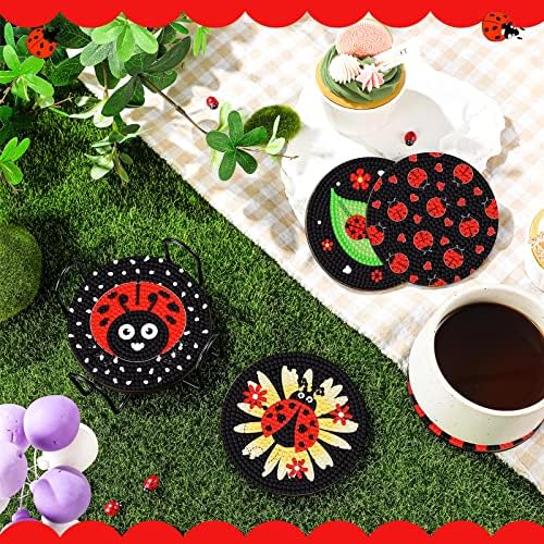 Shellwei 8 PCs Diamond Art Coasters Red Ladybug Diamond Painting Coasters com suporte adultos crianças pequenos amor