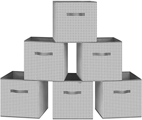 13x13x13 caixas de armazenamento de cubos, 6 embalagens de armazenamento de tecido colapsível Organizador com alças duplas, organizador de prateleira de armário dobrável para berçário, organizador de brinquedos, gabinete de prateleira, cinza com grade