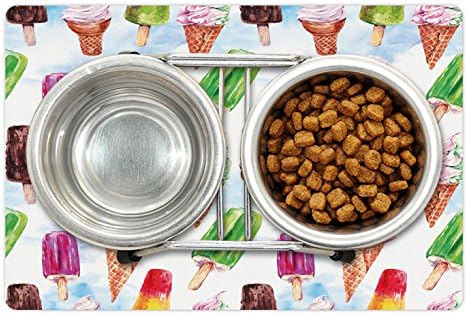 Ambesonne Ice Cream Pet Tapete Para comida e água, Motificação surreal de sorvete do tipo exótico com sabor colorido de framboesa kiwi, tapete de borracha retângulo que não desliza para cães e gatos, multicolor