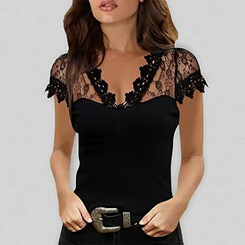 Tops de decote em V para mulheres, moda feminina casual sexy slim renda sólida blusa deco