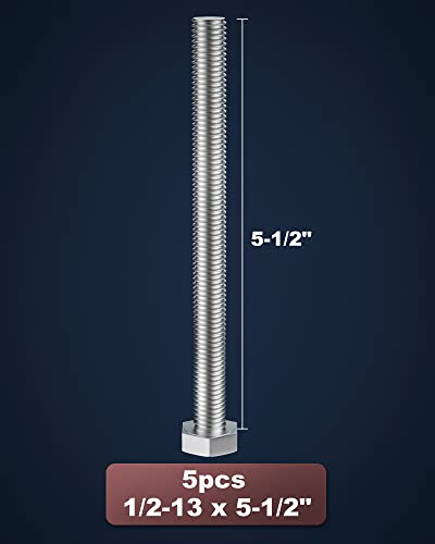 Parafuso de cabeça hexadecimal de 1/2-13 x 5-1/2 , aço inoxidável 18-8, totalmente rosqueado, 5pcs