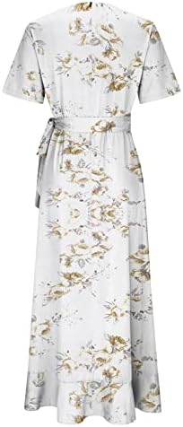 Vestido casual de tamanho grande para mulheres V Pescoço embrulhado Floral Impressão maxi vestidos longos vestido de festa de cintura alta de manga curta