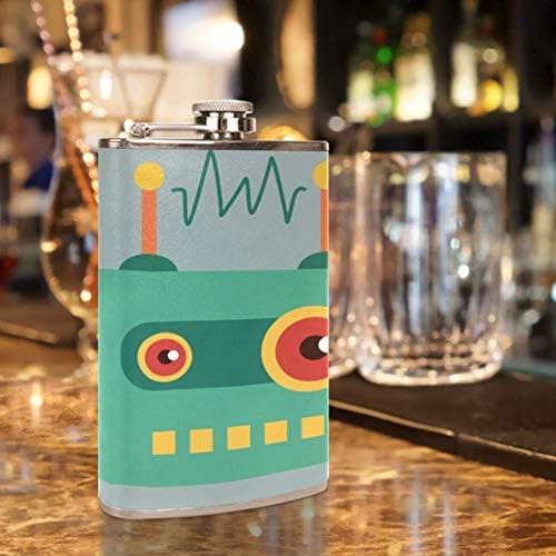 Balão de quadril para bebidas inoxidáveis ​​à prova de vazamentos de aço inoxidável com funil 7,7 oz de couro, ótima ideia de presente de presente - Funny Cartoon Robot Radio